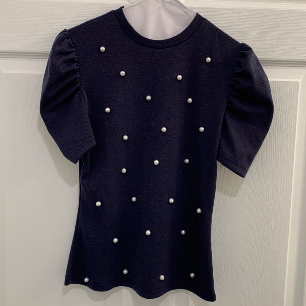 Women’s Elegant Pearl Embellished Puff Sleeve Top Size Medium